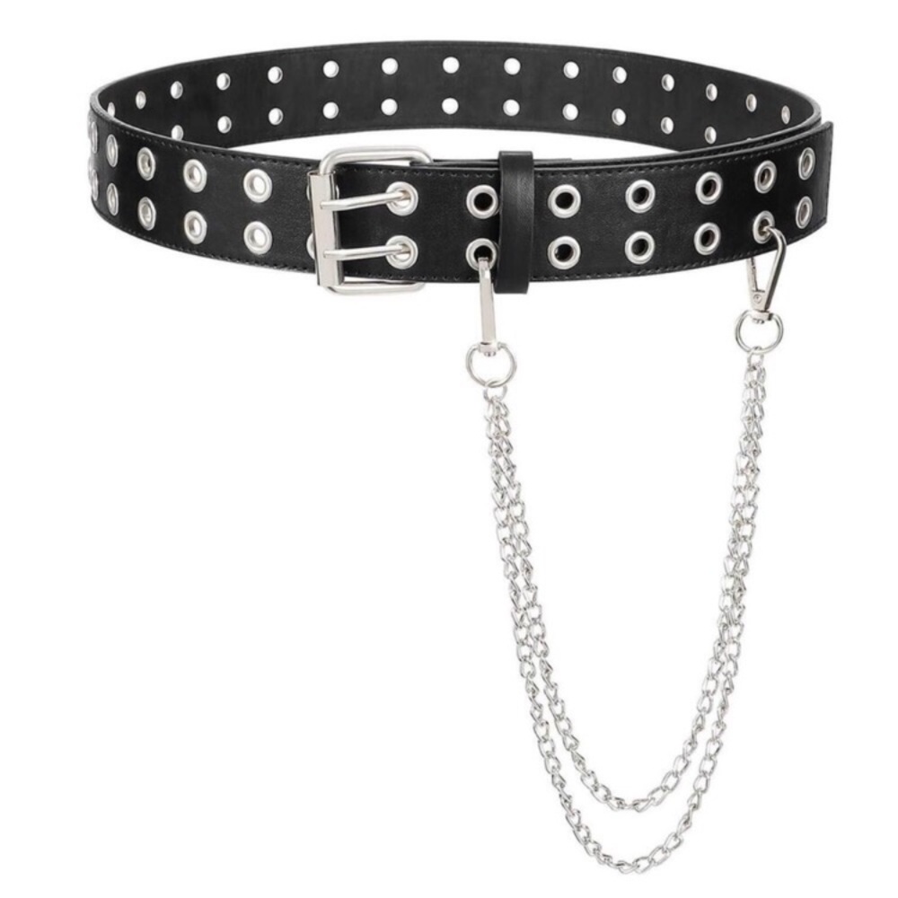 Women Double Grommet Studded Belts, Black Leather Belt For Women Men Punk Belt